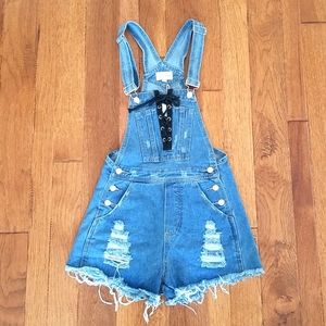 NWT Love + Harmony Denim Shorts Lace Up Distressed Overalls Jumpsuit Romper